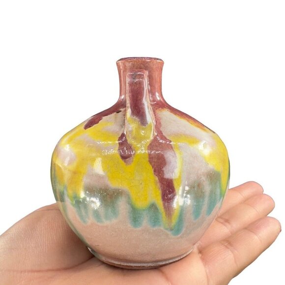 Mid Century Italian Art Pottery Vase Jug W Handle RedWare Multicolor Glaze VTG - Picture 6 of 15